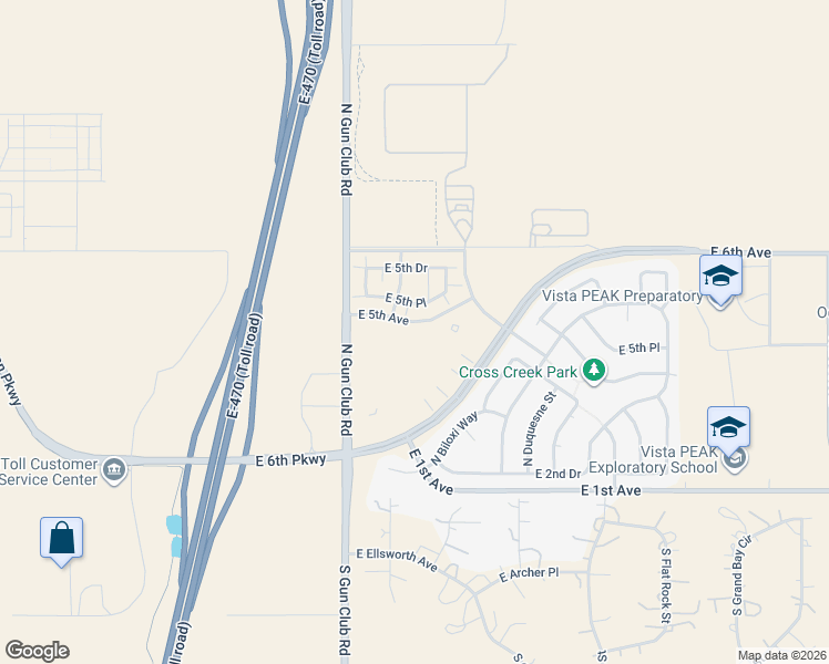 map of restaurants, bars, coffee shops, grocery stores, and more near 23546 East 5th Place in Aurora