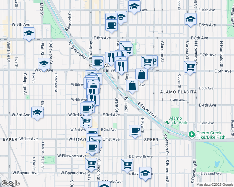 map of restaurants, bars, coffee shops, grocery stores, and more near 400 Grant Street in Denver