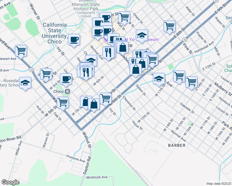 map of restaurants, bars, coffee shops, grocery stores, and more near 824 Chestnut Street in Chico