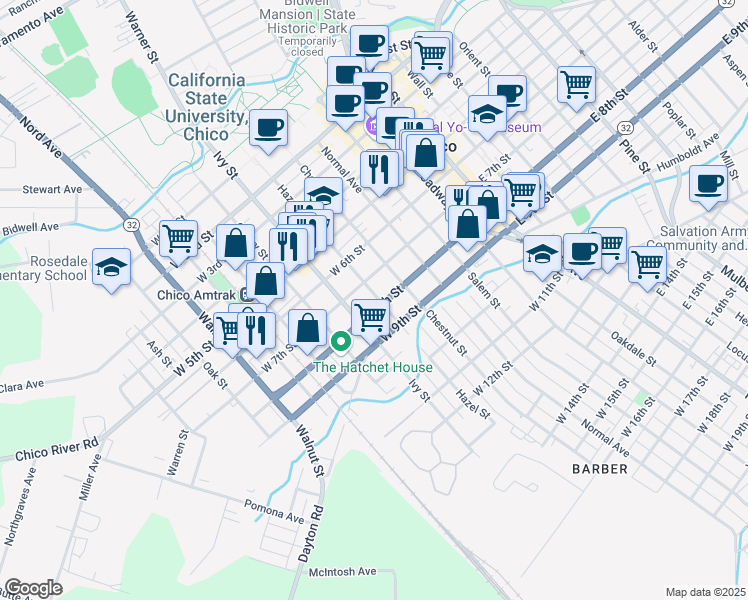map of restaurants, bars, coffee shops, grocery stores, and more near 724 Hazel Street in Chico