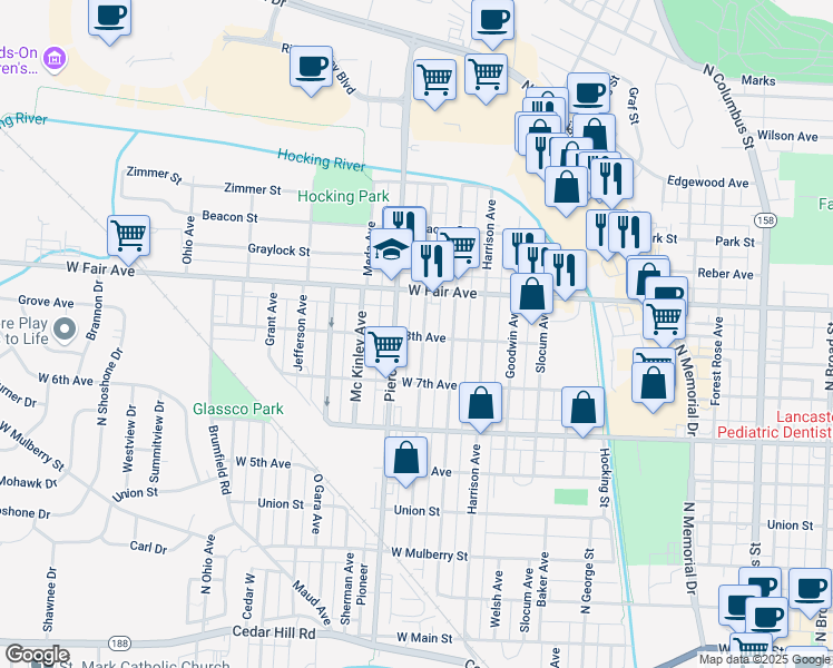 map of restaurants, bars, coffee shops, grocery stores, and more near 740 Garfield Avenue in Lancaster
