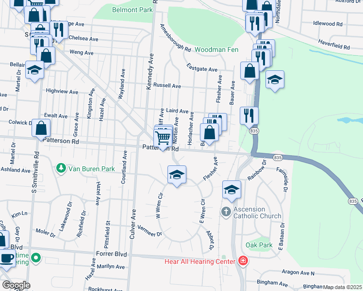 map of restaurants, bars, coffee shops, grocery stores, and more near 2313 Patterson Road in Kettering