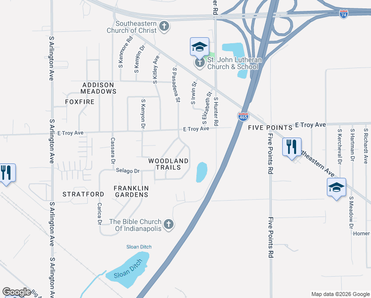 map of restaurants, bars, coffee shops, grocery stores, and more near 3045 Salamonie Drive in Indianapolis