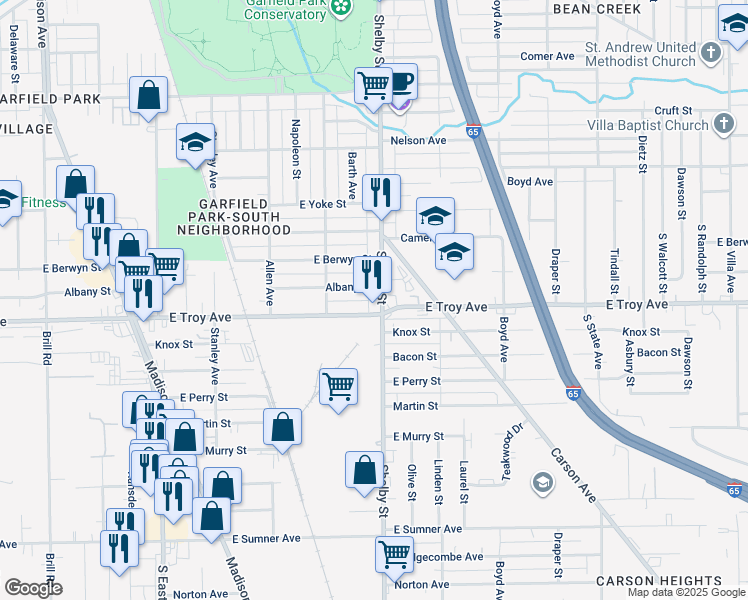 map of restaurants, bars, coffee shops, grocery stores, and more near 1044 East Troy Avenue in Indianapolis