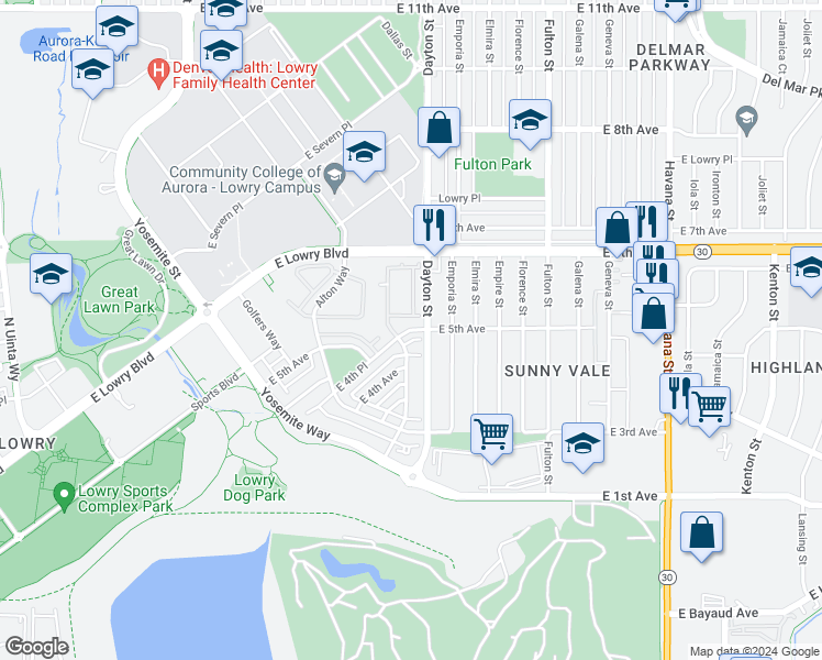 map of restaurants, bars, coffee shops, grocery stores, and more near 9690 East 5th Avenue in Denver
