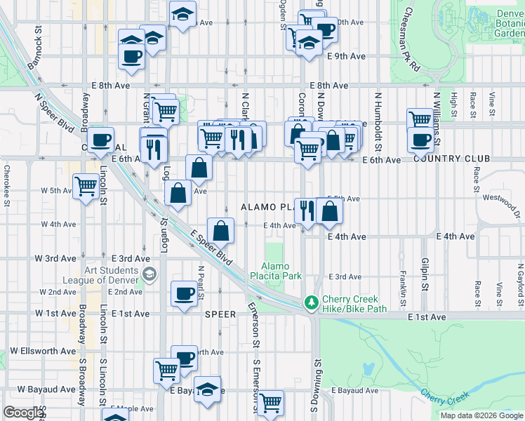map of restaurants, bars, coffee shops, grocery stores, and more near 424 Emerson Street in Denver