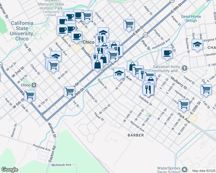map of restaurants, bars, coffee shops, grocery stores, and more near 1029 Salem Street in Chico