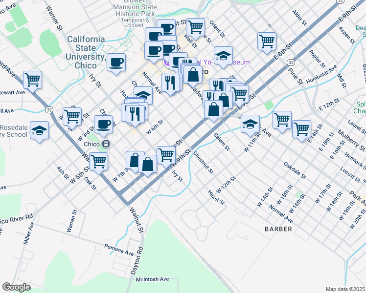 map of restaurants, bars, coffee shops, grocery stores, and more near 818 Chestnut Street in Chico
