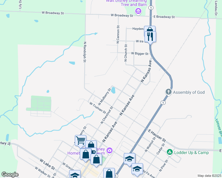 map of restaurants, bars, coffee shops, grocery stores, and more near 816 North Mulberry Street in Marceline