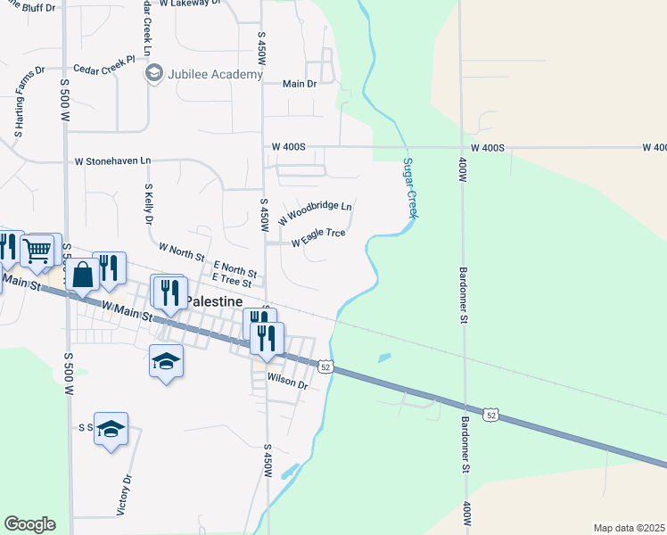 map of restaurants, bars, coffee shops, grocery stores, and more near 4282 South Cabin Court in New Palestine