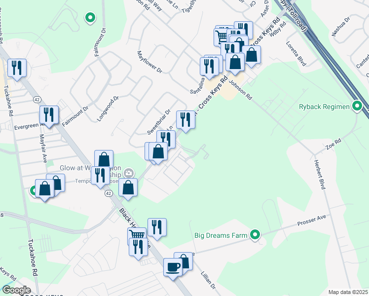 map of restaurants, bars, coffee shops, grocery stores, and more near Falcon Way Boulevard in Monroe Township
