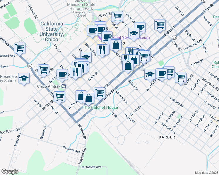 map of restaurants, bars, coffee shops, grocery stores, and more near 818 Chestnut Street in Chico