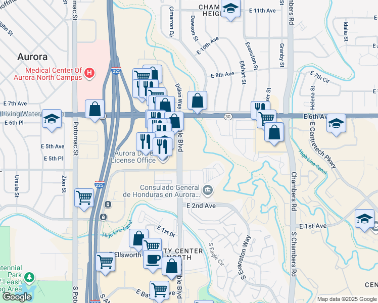 map of restaurants, bars, coffee shops, grocery stores, and more near 452 Sable Boulevard in Aurora