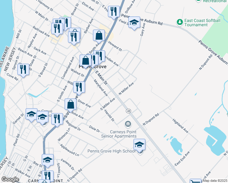 map of restaurants, bars, coffee shops, grocery stores, and more near 233 Harding Highway in Penns Grove