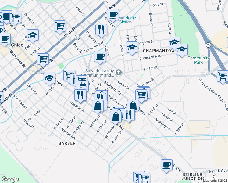 map of restaurants, bars, coffee shops, grocery stores, and more near 395 East 17th Street in Chico
