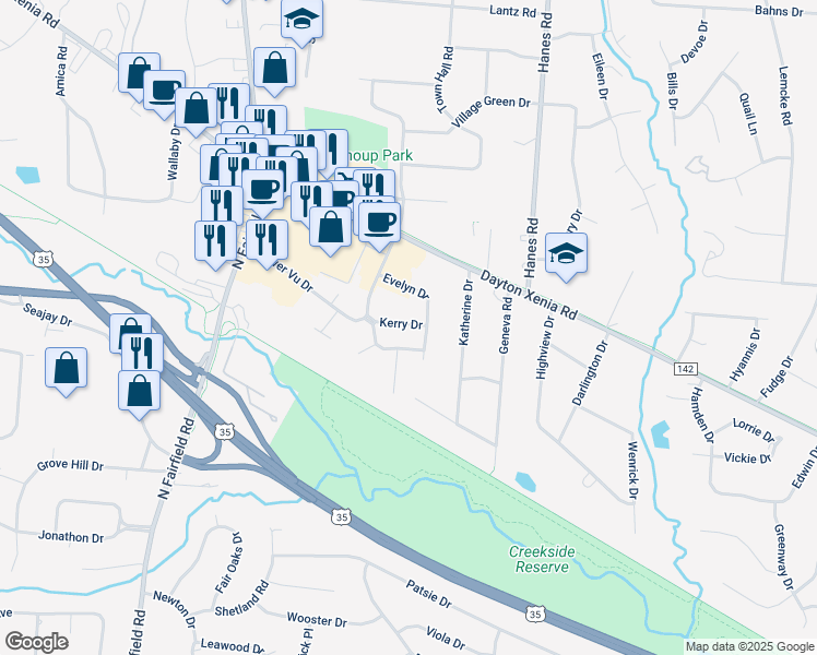 map of restaurants, bars, coffee shops, grocery stores, and more near 3133 Kerry Drive in Dayton