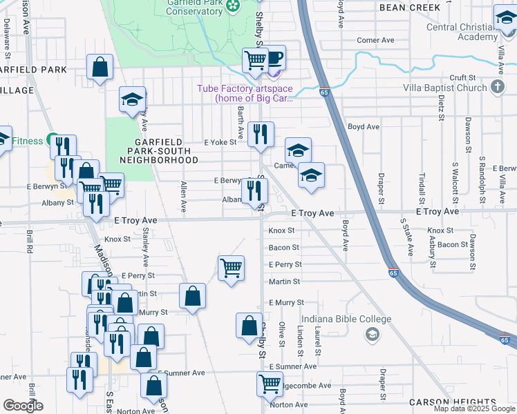 map of restaurants, bars, coffee shops, grocery stores, and more near 1110 East Troy Avenue in Indianapolis