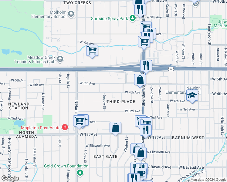map of restaurants, bars, coffee shops, grocery stores, and more near 5447 West 4th Avenue in Lakewood