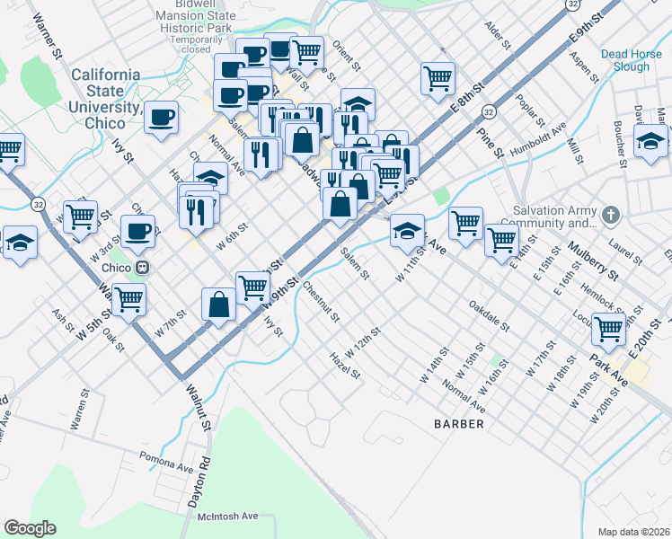 map of restaurants, bars, coffee shops, grocery stores, and more near 943 Normal Avenue in Chico