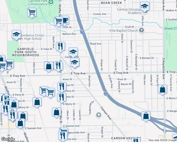 map of restaurants, bars, coffee shops, grocery stores, and more near 1290 East Troy Avenue in Indianapolis