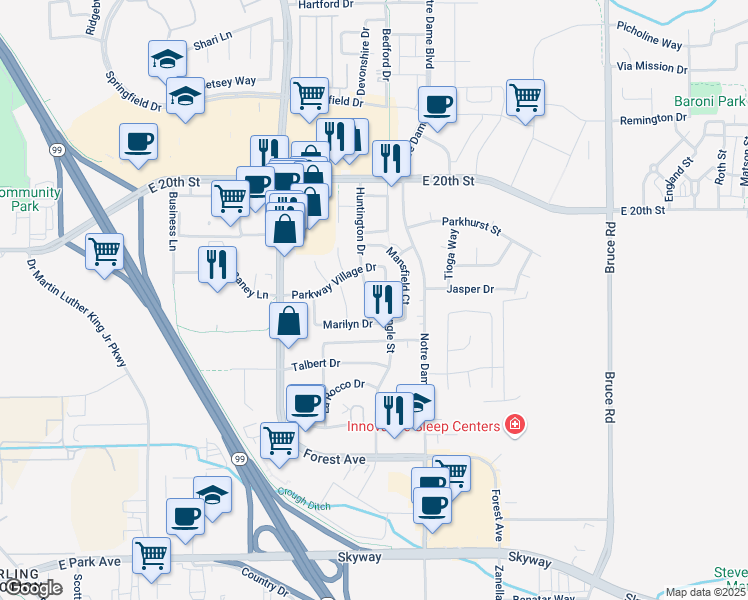 map of restaurants, bars, coffee shops, grocery stores, and more near 2176 Huntington Drive in Chico