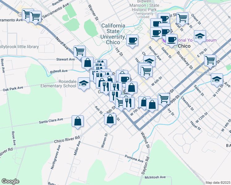 map of restaurants, bars, coffee shops, grocery stores, and more near 1020 West 4th Street in Chico