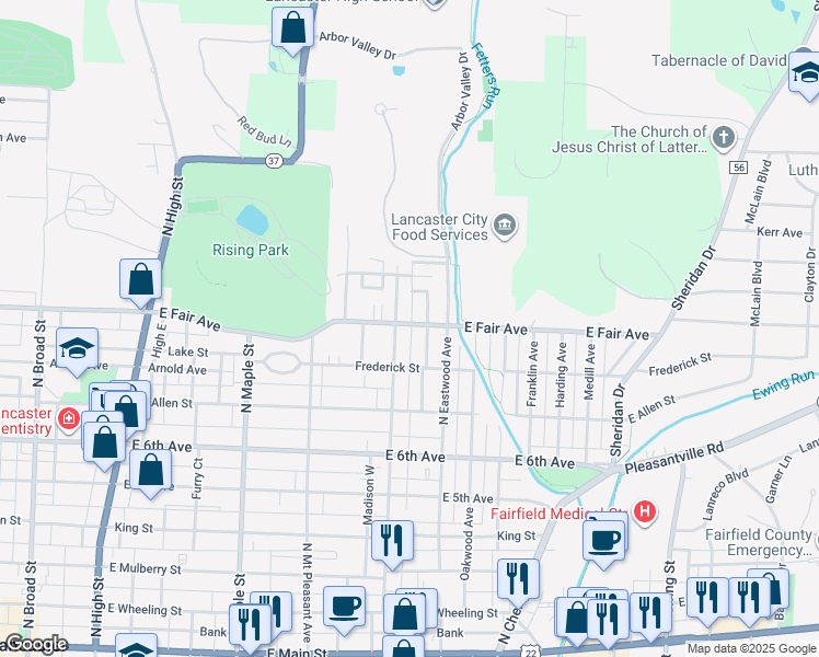 map of restaurants, bars, coffee shops, grocery stores, and more near 830 Madison Avenue in Lancaster