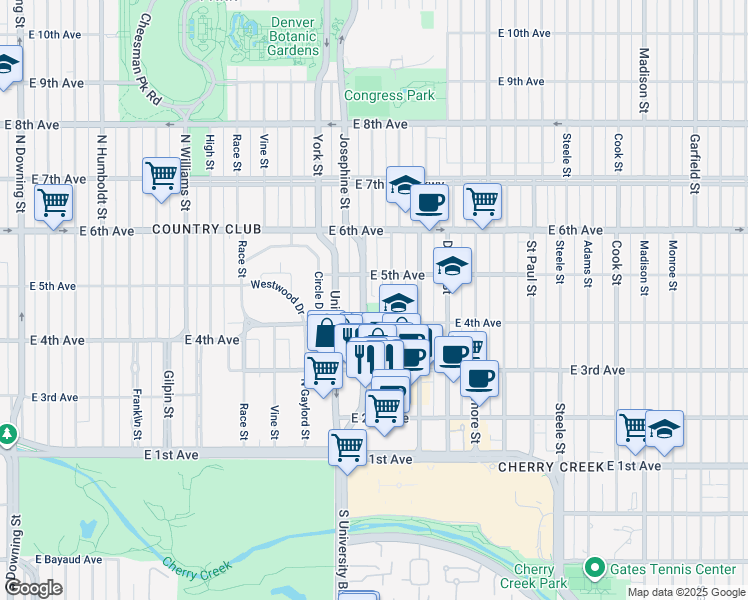 map of restaurants, bars, coffee shops, grocery stores, and more near 401 Columbine Street in Denver