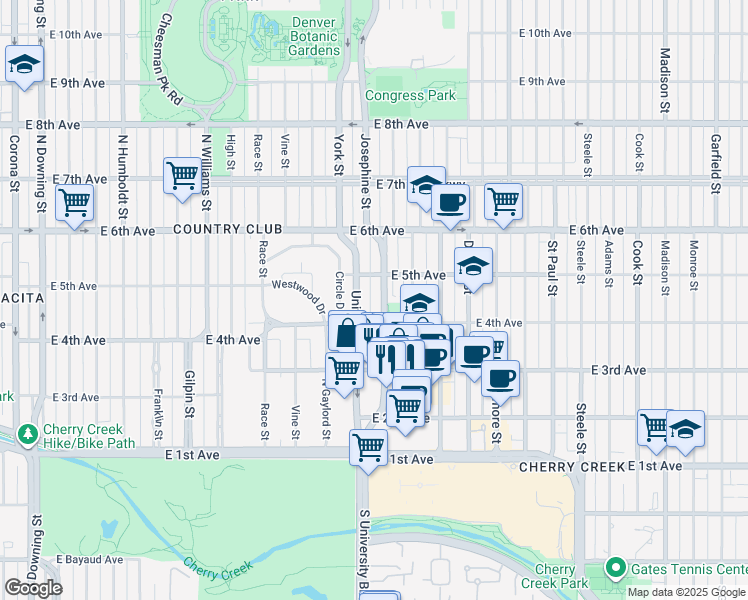 map of restaurants, bars, coffee shops, grocery stores, and more near 401 Columbine Street in Denver
