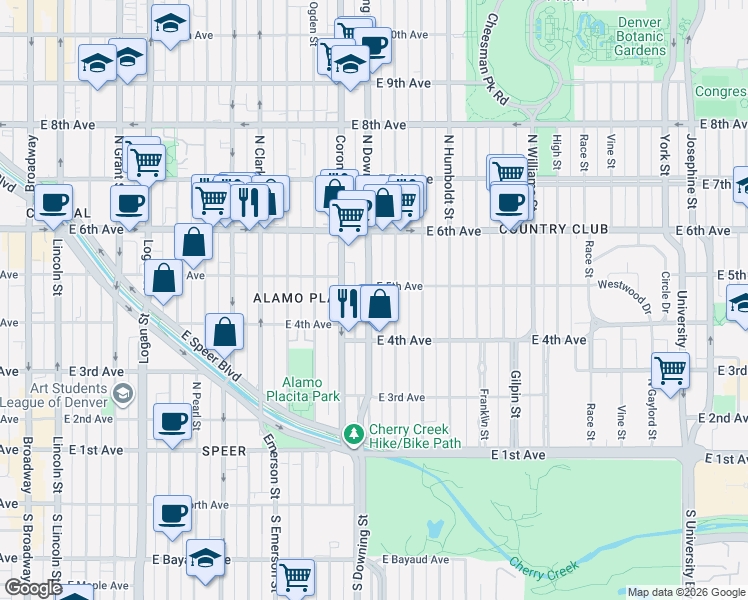 map of restaurants, bars, coffee shops, grocery stores, and more near 459 North Downing Street in Denver