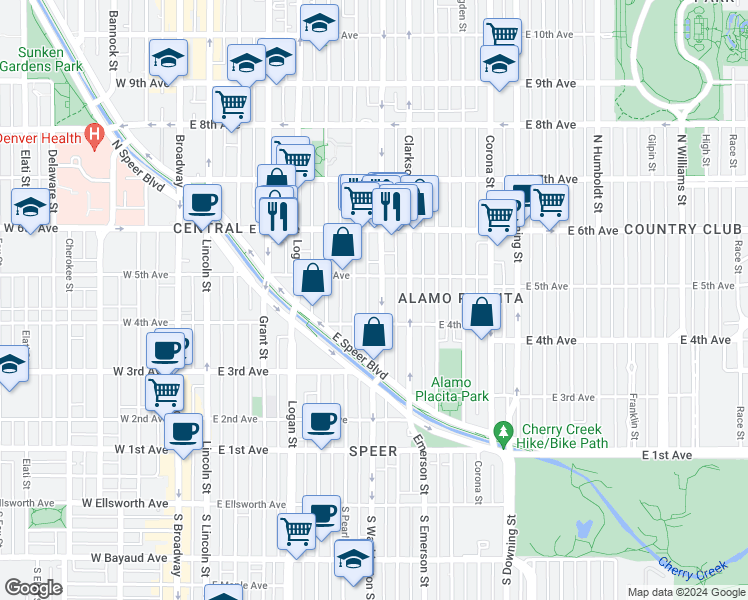 map of restaurants, bars, coffee shops, grocery stores, and more near 425 North Washington Street in Denver