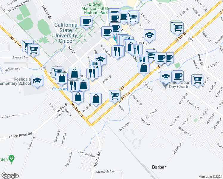 map of restaurants, bars, coffee shops, grocery stores, and more near 718 Ivy Street in Chico