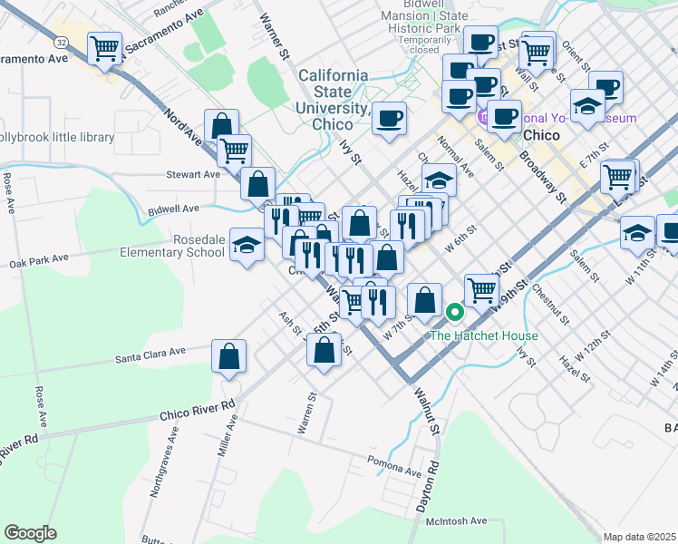map of restaurants, bars, coffee shops, grocery stores, and more near 313 Walnut Street in Chico