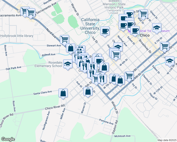map of restaurants, bars, coffee shops, grocery stores, and more near 313 Walnut Street in Chico