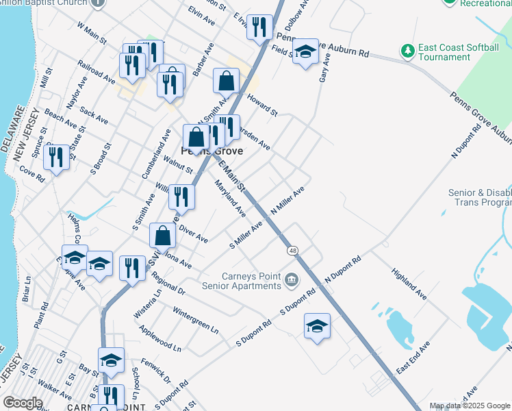 map of restaurants, bars, coffee shops, grocery stores, and more near 9 South Norman Avenue in Penns Grove