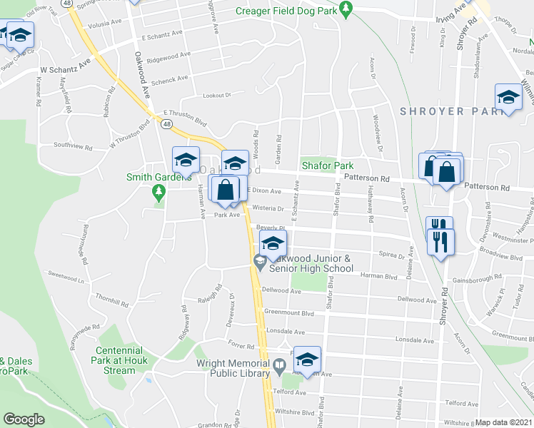 map of restaurants, bars, coffee shops, grocery stores, and more near 7 Beverly Place in Dayton