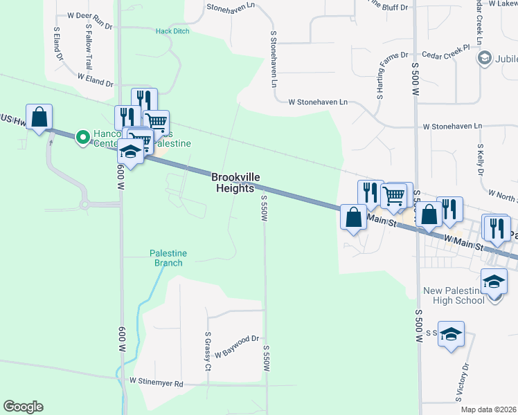 map of restaurants, bars, coffee shops, grocery stores, and more near in New Palestine