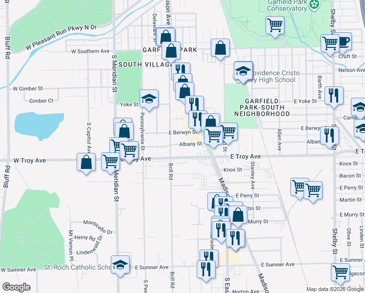 map of restaurants, bars, coffee shops, grocery stores, and more near 347 Albany Street in Indianapolis