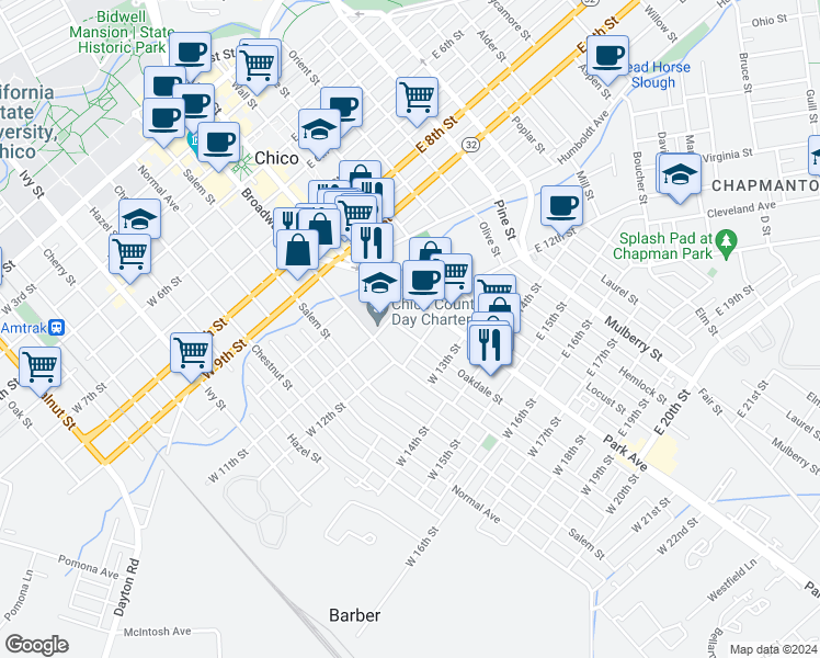 map of restaurants, bars, coffee shops, grocery stores, and more near 1143 Oakdale Street in Chico