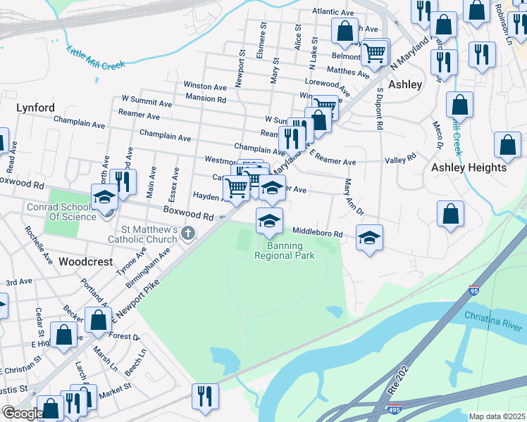 map of restaurants, bars, coffee shops, grocery stores, and more near 16 Idella Avenue in Wilmington
