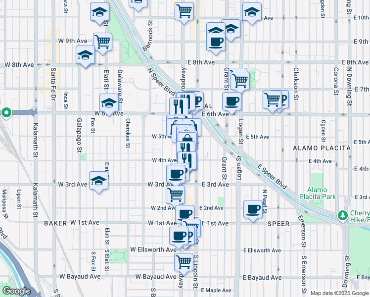 map of restaurants, bars, coffee shops, grocery stores, and more near in Denver