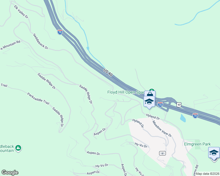 map of restaurants, bars, coffee shops, grocery stores, and more near 370 Saddleback Drive in Evergreen