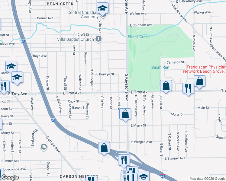 map of restaurants, bars, coffee shops, grocery stores, and more near 3007 Harlan Street in Indianapolis