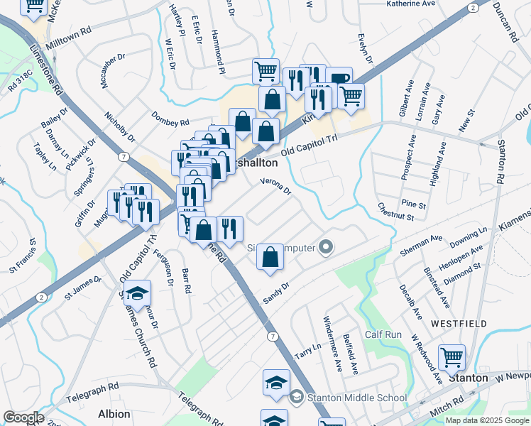 map of restaurants, bars, coffee shops, grocery stores, and more near 24 Whitehall Circle in Wilmington