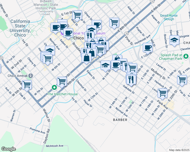 map of restaurants, bars, coffee shops, grocery stores, and more near 1001 Salem Street in Chico