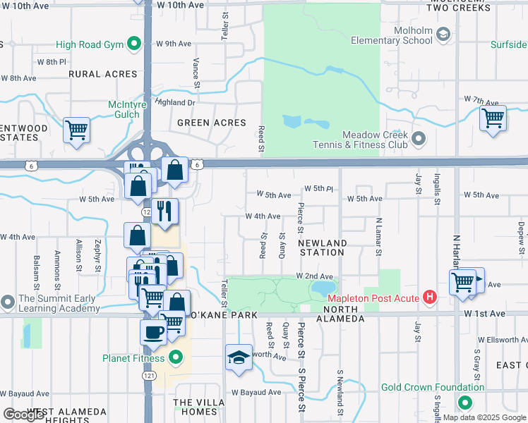 map of restaurants, bars, coffee shops, grocery stores, and more near 7051 West 4th Avenue in Lakewood