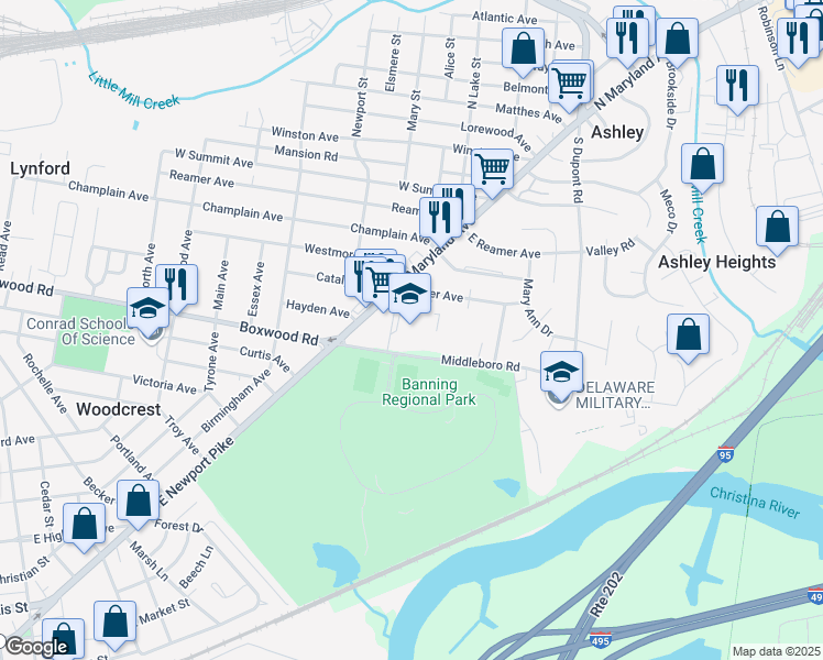 map of restaurants, bars, coffee shops, grocery stores, and more near 16 Idella Avenue in Wilmington