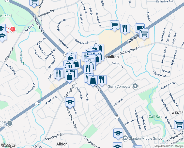 map of restaurants, bars, coffee shops, grocery stores, and more near 2083-2093 Limestone Road in Wilmington