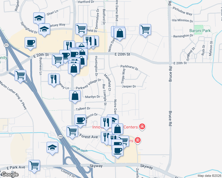 map of restaurants, bars, coffee shops, grocery stores, and more near 2220 Notre Dame Boulevard in Chico