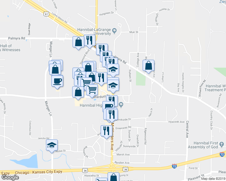 map of restaurants, bars, coffee shops, grocery stores, and more near 4550 McMasters Avenue in Hannibal